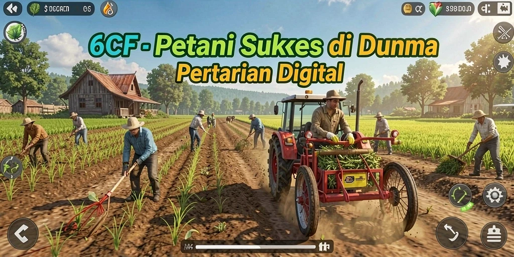 Tampilan gameplay 6CF menunjukkan pertanian yang indah dan beragam tanaman.