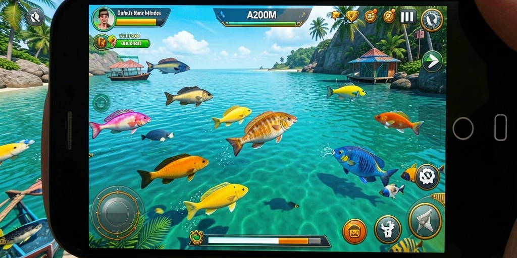 Tampilan utama A200M yang penuh aksi di bawah laut saat menembak ikan.