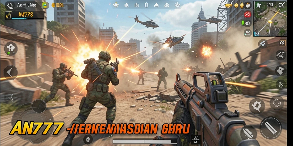 Screenshot utama AN777 menampilkan aksi intens dari gameplay TPS.