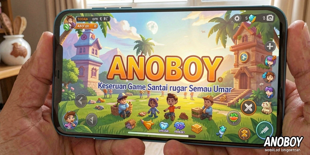 Tangkapan layar gameplay ANOBOY dengan karakter ceria dan tantangan menarik.