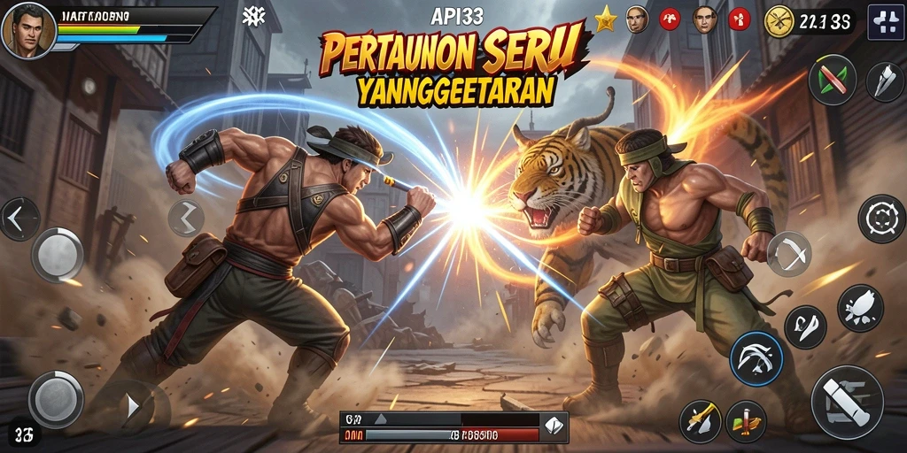 Tangkapan layar menunjukkan aksi seru dalam permainan API33, menampilkan pertarungan intensitas tinggi.