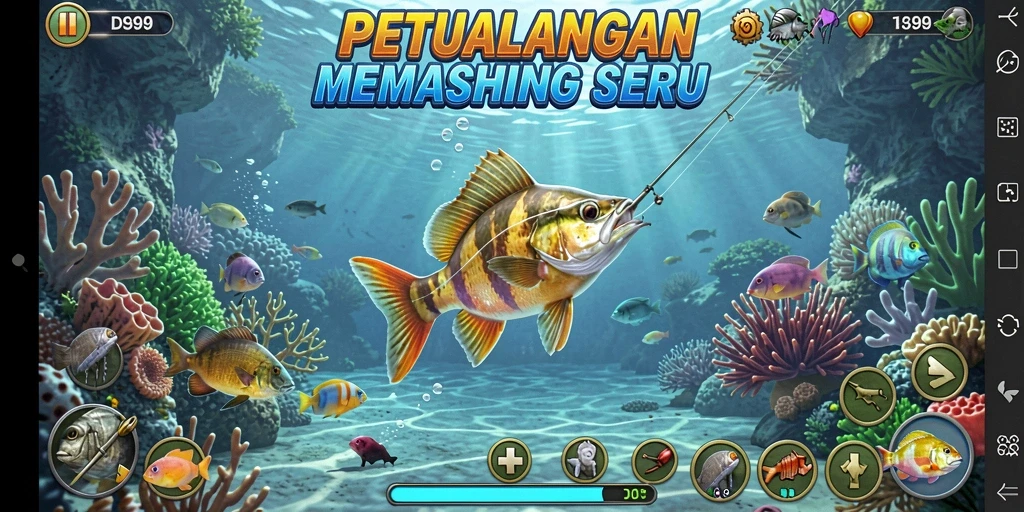 Screenshot dari gameplay DS99 yang menarik saat menangkap ikan.