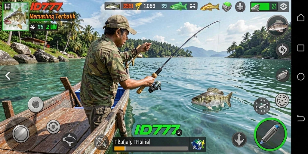 Tampilan gameplay ID777 yang memukau saat memancing di lokasi eksotis.