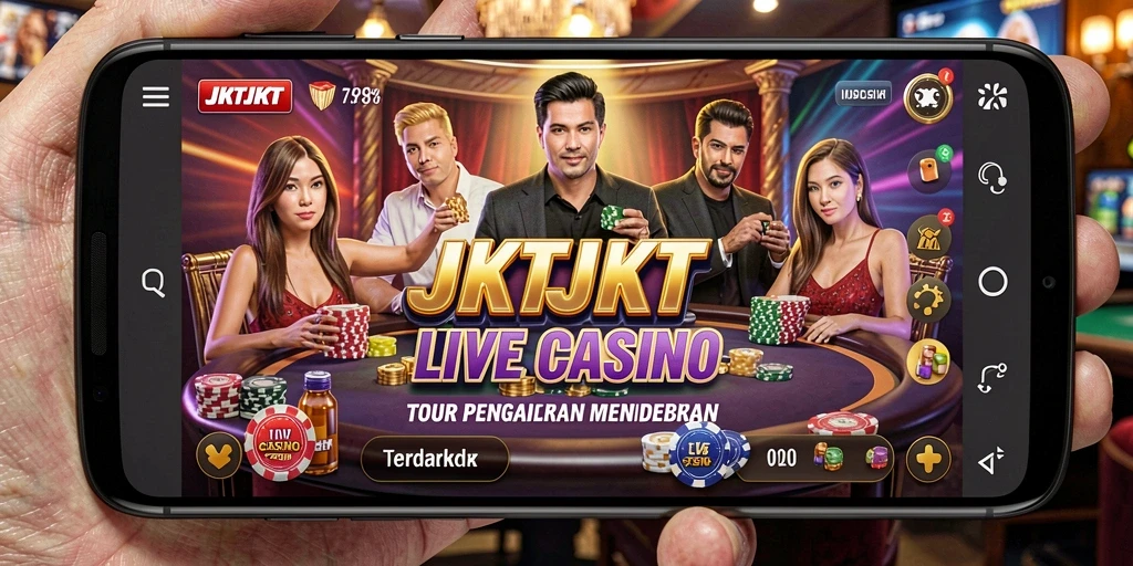 Screenshot gameplay JKTJKT menampilkan dealer langsung dan meja permainan.