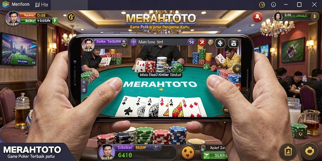Screenshot permainan Poker MERAHTOTO yang menampilkan suasana meja permainan.