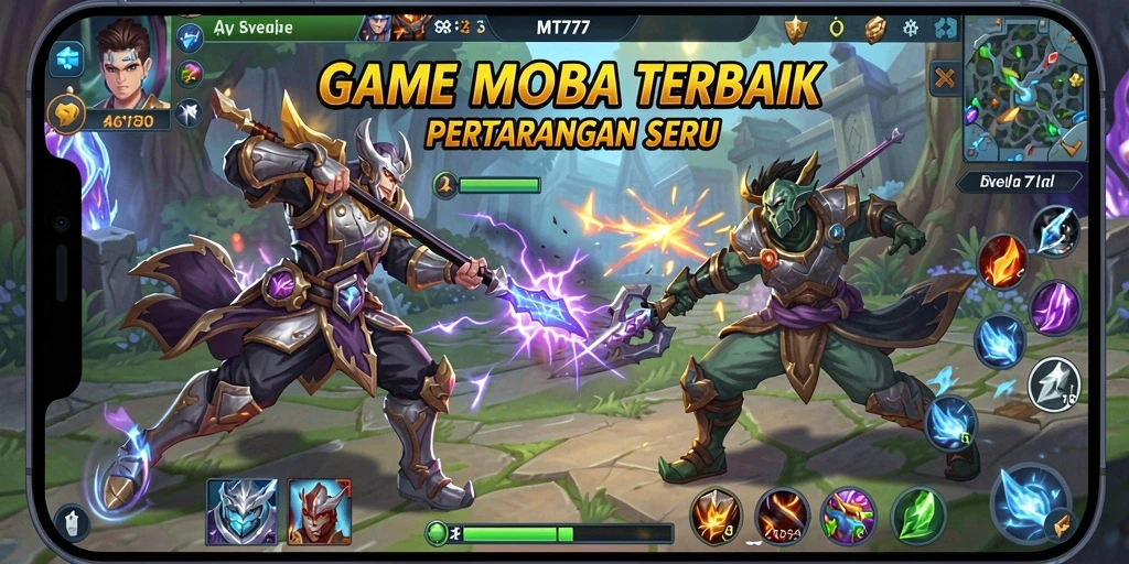Tampilan aksi seru dalam gameplay MOBA MT777.