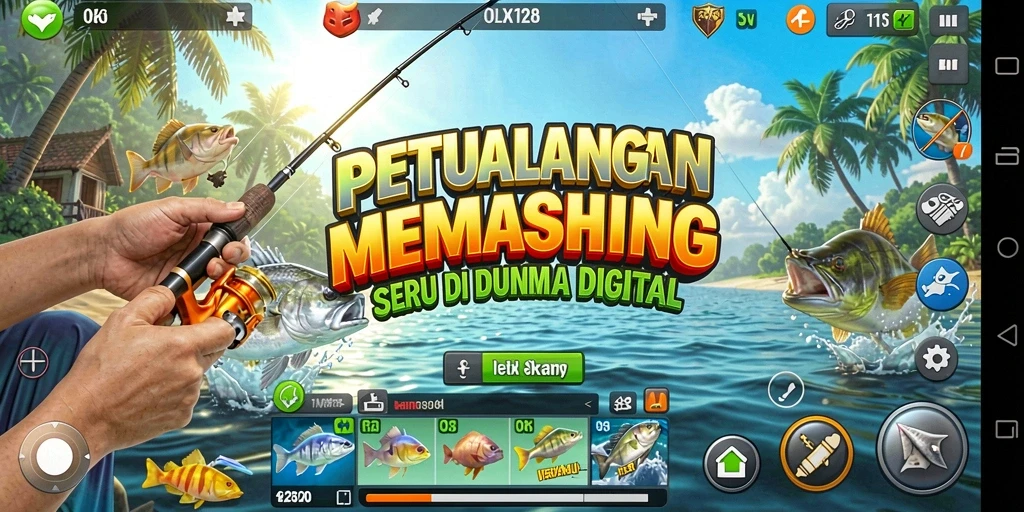 Tampilan gameplay OLX128 dengan aksi memancing yang seru.