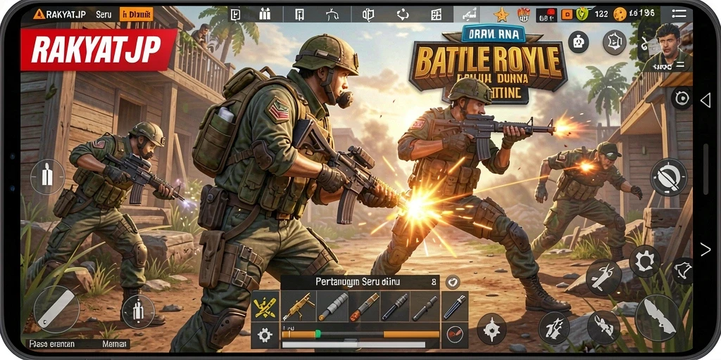 Screenshot utama RAKYATJP menampilkan aksi pertarungan intens Battle Royale.