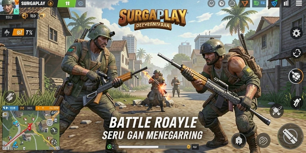 Tampak aksi seru dalam gameplay SURGAPLAY dengan pertandingan Battle Royale yang intens.