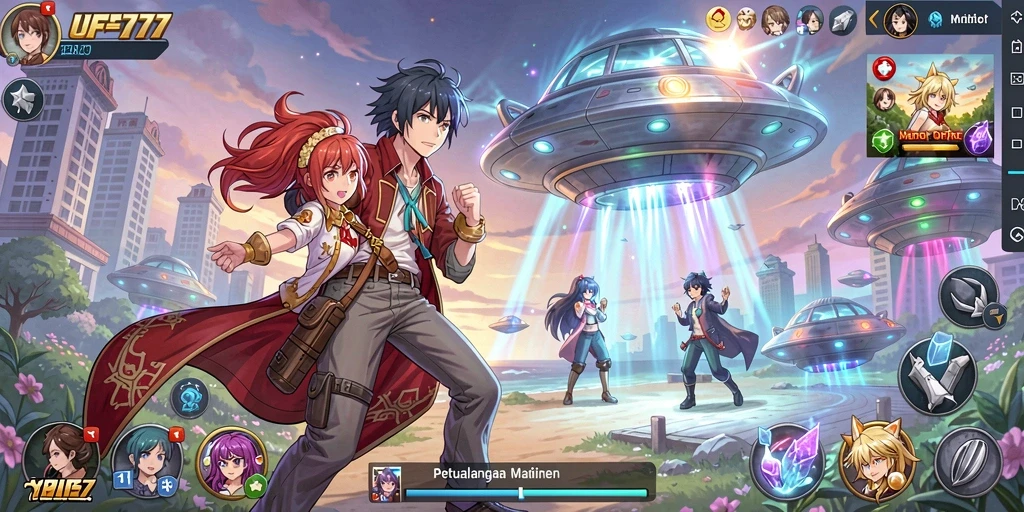 Screenshot gameplay menampilkan karakter anime dalam aksi penuh warna.